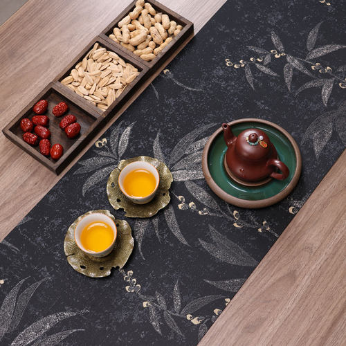 茶席黑色桌旗干泡茶台茶旗新中式禅意轻奢织锦防水茶桌垫布侘寂风