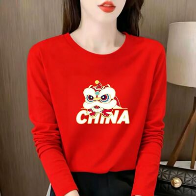 爱国风萌趣醒狮CHINA长袖T恤纯棉圆领春秋打底衫出游团建集体服装