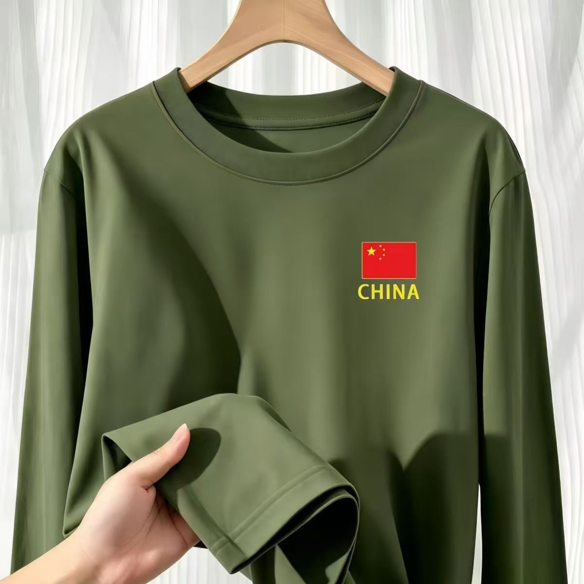 爱国国旗图案长袖T恤衫男女同款春秋款圆领团建聚会宽松纯棉上衣