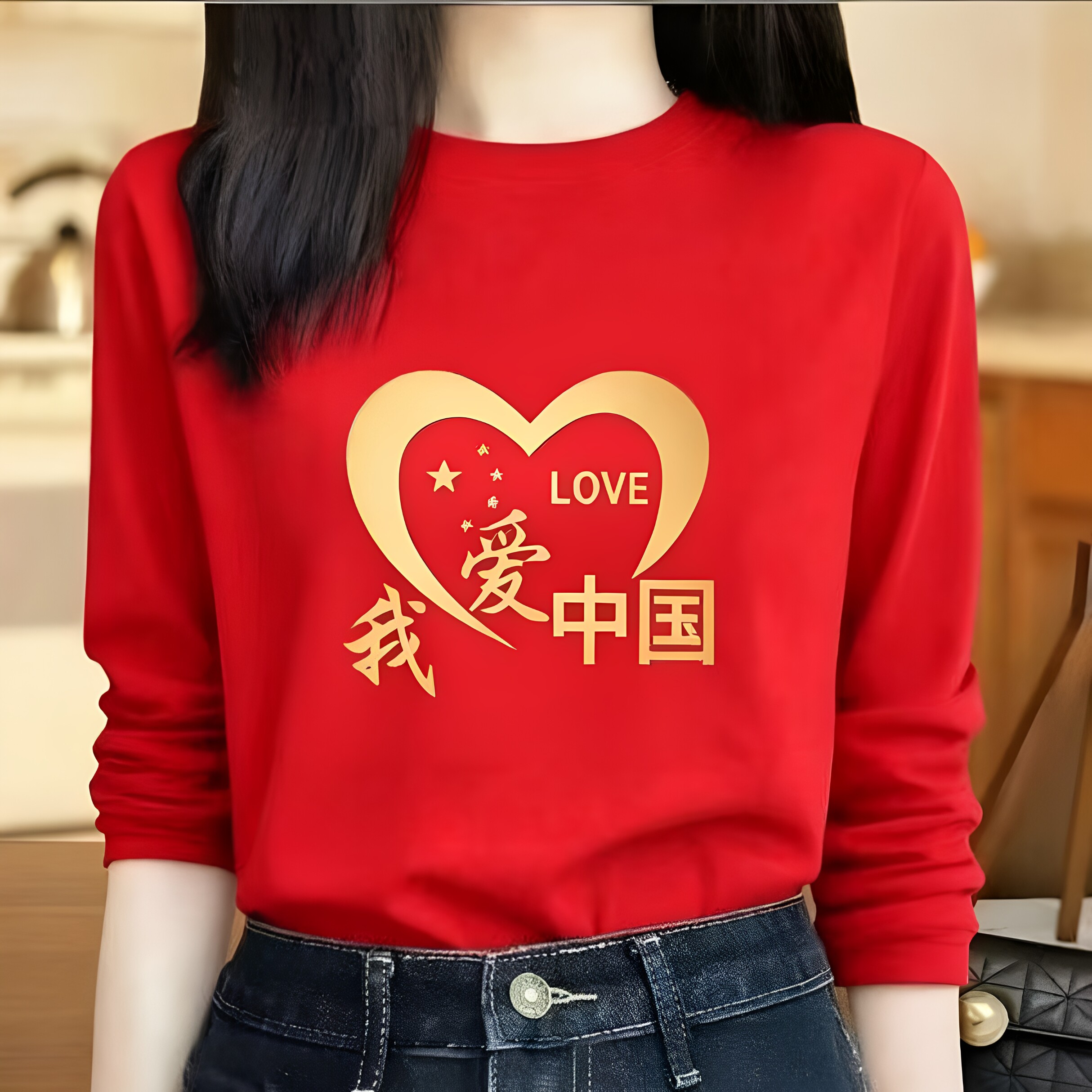 国庆爱国长袖T恤我爱中国爱心印花文化衫大合唱团体活动男女同款