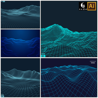 线描抽象三维网络大数据可视化山脉地形科技背景矢量图片设计素材