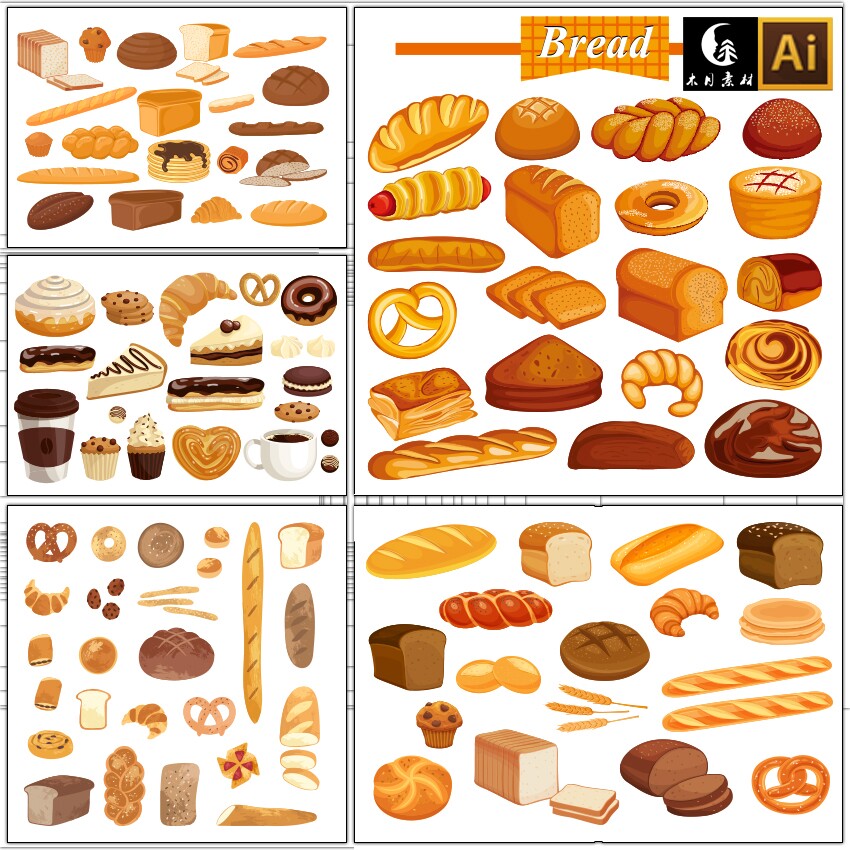 可爱卡通面包蛋糕饼干甜品甜点咖啡早餐下午茶AI矢量图片设计素材