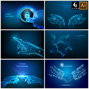蓝色发光线条线描手臂信息科学科技手掌AI人工智能矢量图片素材