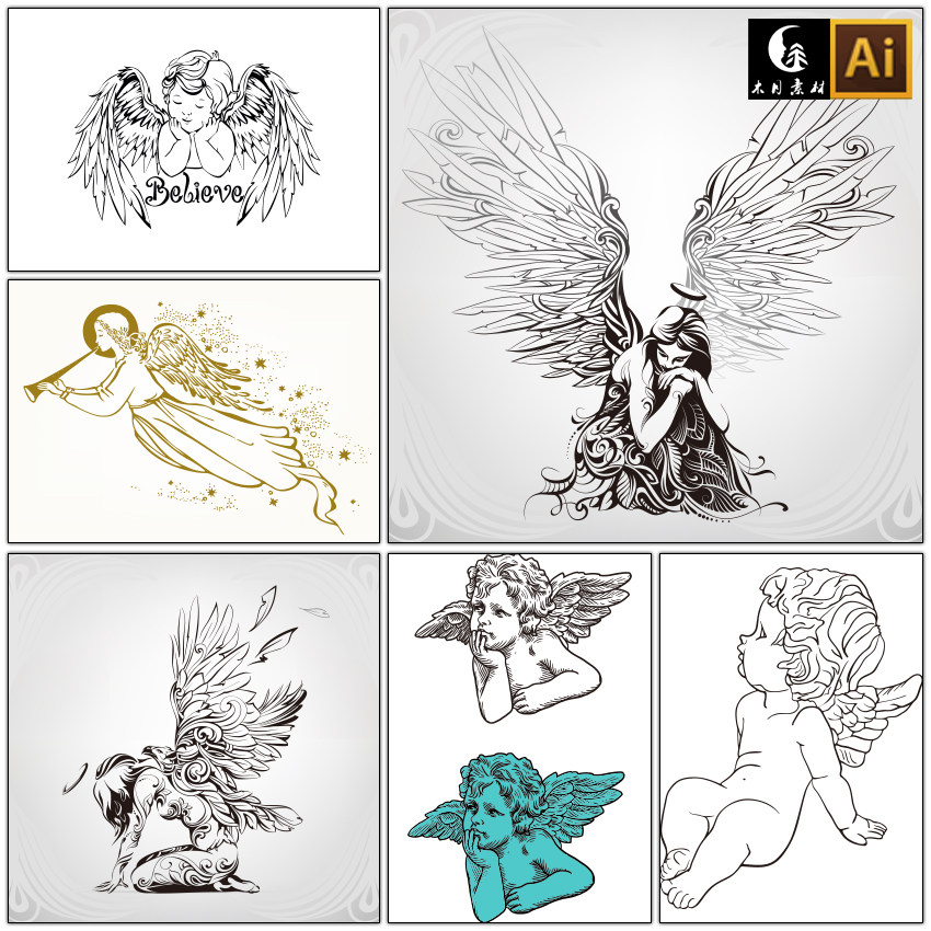 手绘线描素描线条带翅膀的人爱神丘比特堕落天使矢量图片设计素材