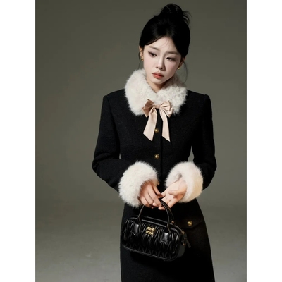 富家千金小香风时尚套装女秋冬加厚毛领外套+高腰半身长裙两件套