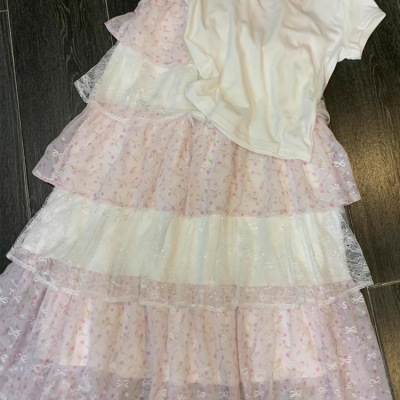 2025新款短袖白T恤夏季正肩修身显瘦上衣半身蛋糕裙子两件套装女