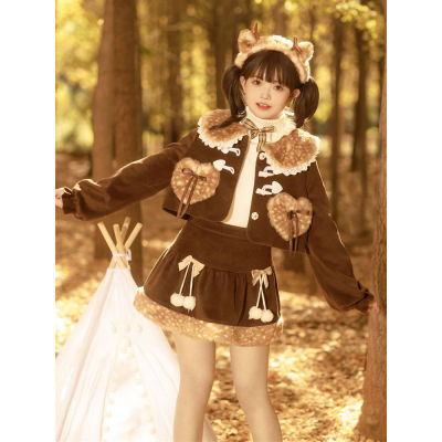 2025冬季新款甜美森系洛丽塔套装拼接蝴蝶结外套+短款半裙两件套