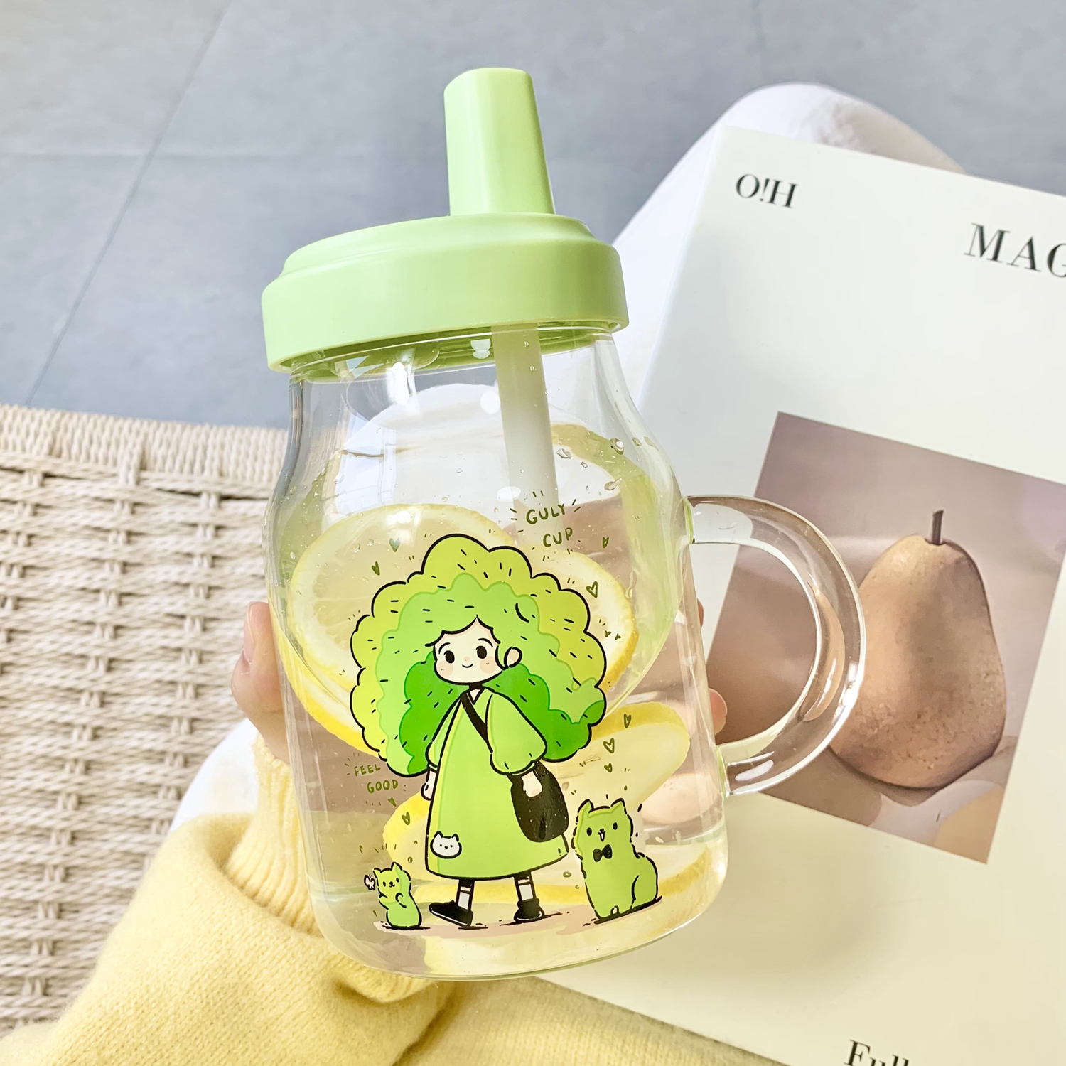 简约大容量玻璃水杯女新款2025带把女士办公室森系带吸管杯子女生