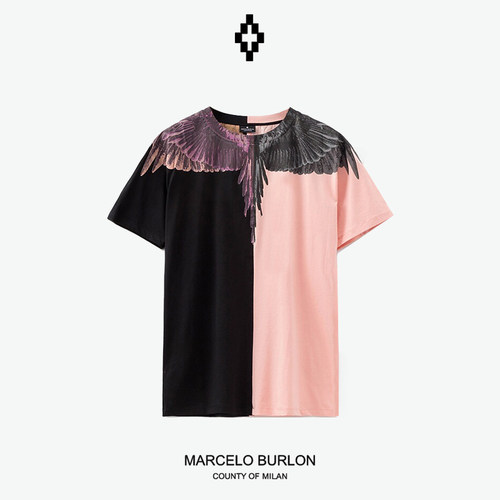 海外Marcelo Burlon马克布隆t恤黑粉拼色MB翅膀印花男女短袖t恤潮