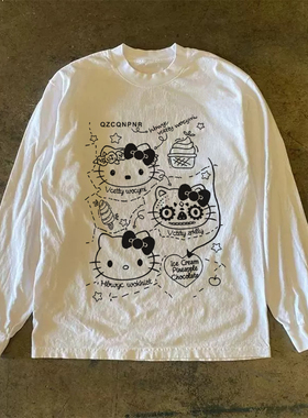 300克重磅！可爱hellKitty印花圆领纯棉长袖T恤ins风秋冬宽松男女