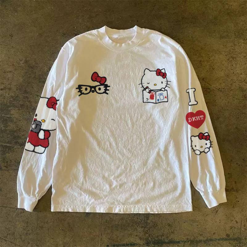 300克重磅！甜酷可爱KT猫印花长袖男女秋冬新款T恤宽松打底衫圆领,男装,T恤,淘宝优惠券,粉丝福利购,淘宝优惠卷