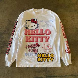 T恤百搭宽松潮流圆领上衣 休闲凯蒂猫印花男女长袖 300克重磅 美式