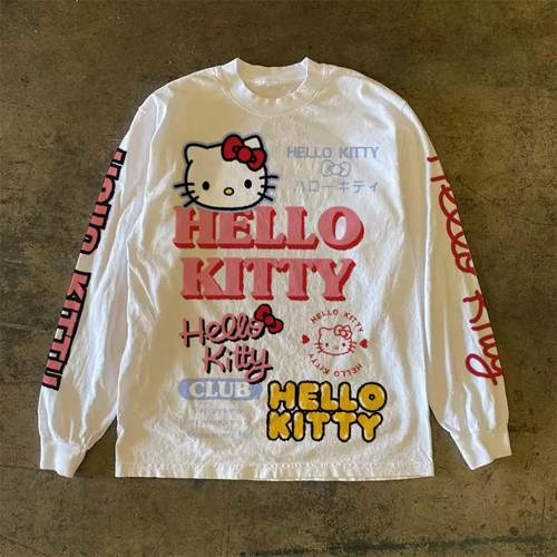 300克重磅！美式休闲凯蒂猫印花男女长袖T恤百搭宽松潮流圆领上衣