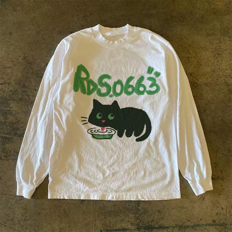 300克重磅！小猫咪涂鸦印花T恤纯棉长袖男女宽松百搭松弛感上衣潮