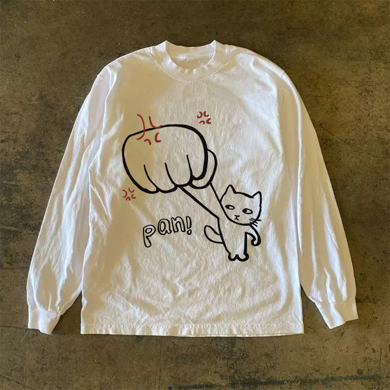 300克重磅！慵懒潮牌街头中性风复古小众个性印花长袖t恤情侣上衣