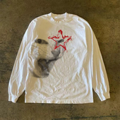 2025新款 美式 复古猫咪印花长袖 300克重磅 T恤纯棉圆领男女同款 潮