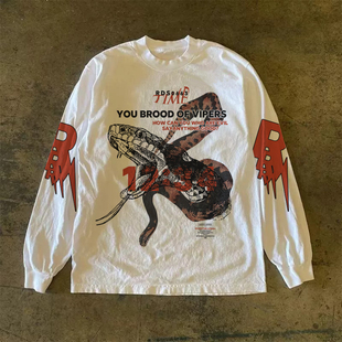 嘻哈潮流新款 300克重磅 高街趣味大蟒蛇印花圆领T恤男女街头长袖