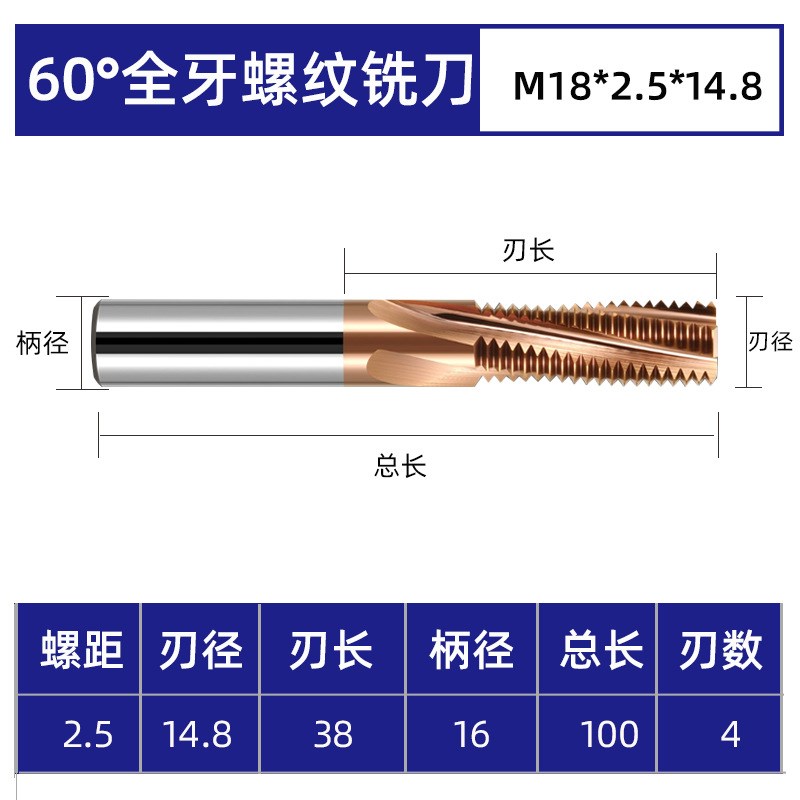 60度加工CNC螺纹铣刀单牙三牙全牙钨钢合金R铝用涂层公制铣牙刀