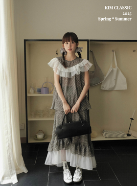 KIM Classic「Fudge」日本面料 褶皱纱灰色波点层次花边套装裙