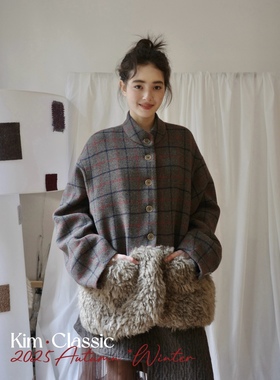 KIM Classic「Log Stack」复古格纹拼接羊羔毛口袋夹棉毛呢外套