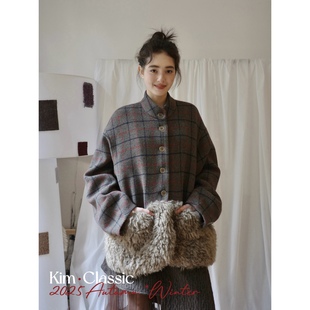 KIM Stack」复古格纹拼接羊羔毛口袋夹棉毛呢外套 Classic「Log