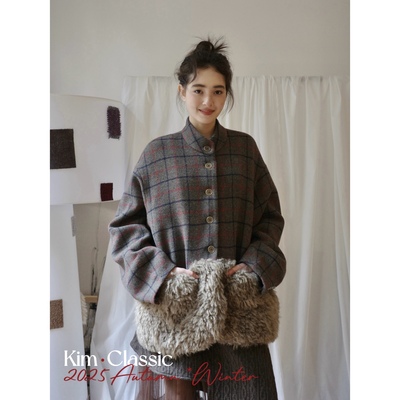 KIM Classic「Log Stack」复古格纹拼接羊羔毛口袋夹棉毛呢外套