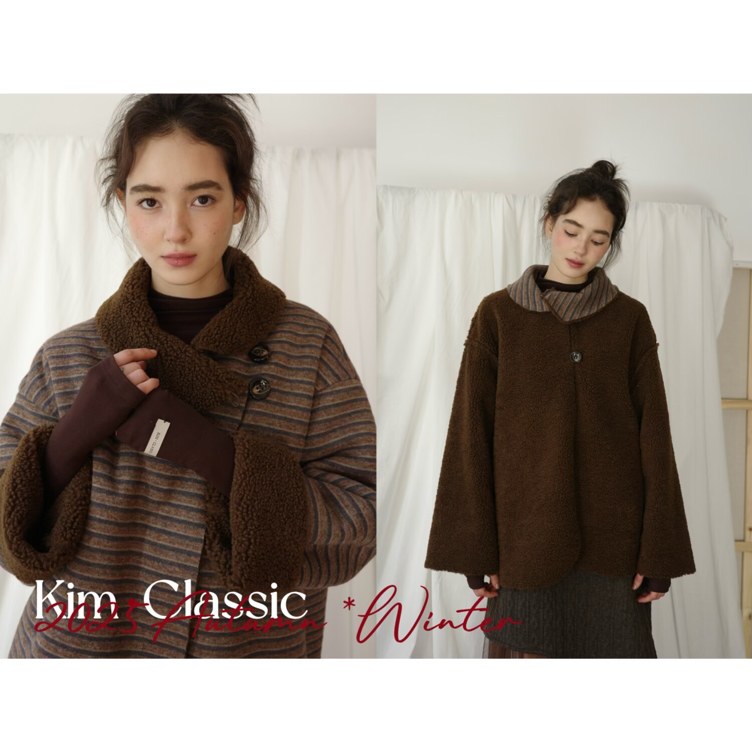 KIM Classic「Firebrick」复古条纹仿羊羔毛错位领两面穿外套