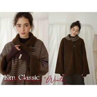 KIM Classic「Firebrick」复古条纹仿羊羔毛错位领两面穿外套