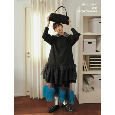 KMC「Bubble Gum」黑糖波点网纱娃娃领蓬蓬衬衫连衣裙