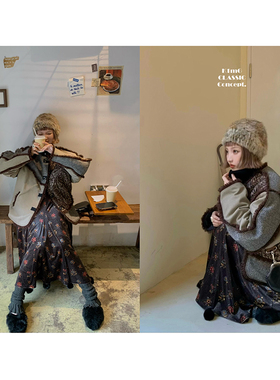 KMC“mulled wine”vintage羊毛呢面料不规则拼接咖啡毛毛棉服