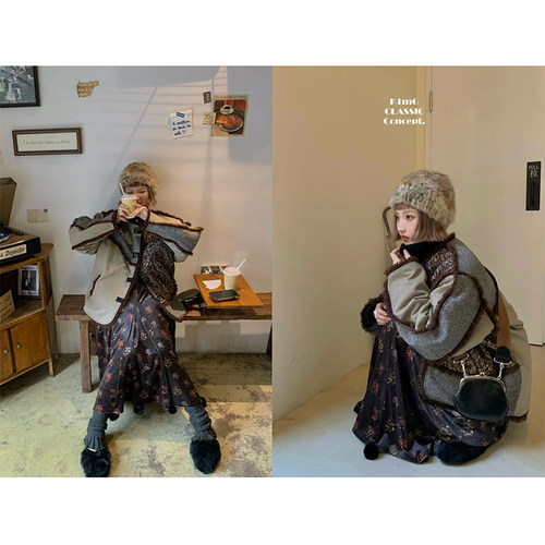 不规则拼接咖啡毛毛棉服外套