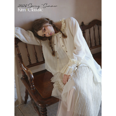 KIM Classic「Luminous」复古全麻竖条纹路风琴花边设计衬衫