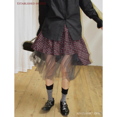 KIM Classic「Pretzel」特殊剪裁磨毛菱格拼接网纱半身裙