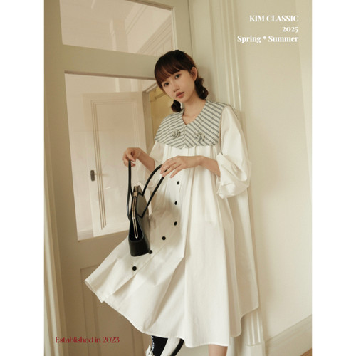 KIM Classic「Verbena」海军领轮廓感不规则花朵多褶位设计连衣裙