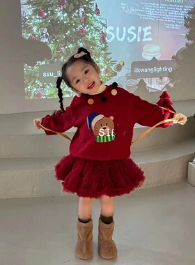 女宝冬季加绒新款红色年服洋气羊羔绒卫衣tutu裙套装