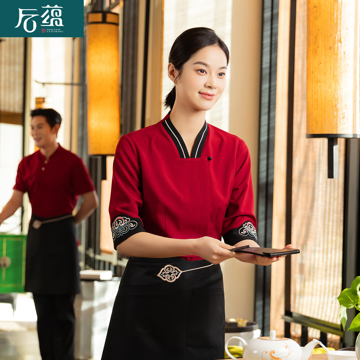 高端中式酒店服务员工作服女红短袖茶楼饭店餐饮接待饭厅制服夏季
