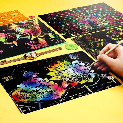 16开刮画纸炫彩儿童彩色刮蜡画单色刮刮画幼儿园黑色8开小学生A4