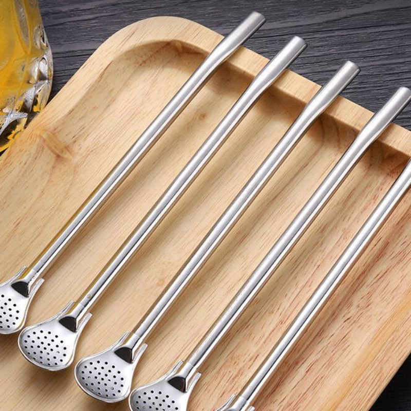 加长吸管勺子不锈钢奶茶搅拌过滤两用金属吸管