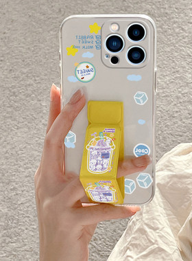 适用于iPhone17ProMax手机壳透明苹果16Plus奶茶兔子14Pro磁吸支架13/12/11/XR桌面支撑架防摔折叠腕带保护套