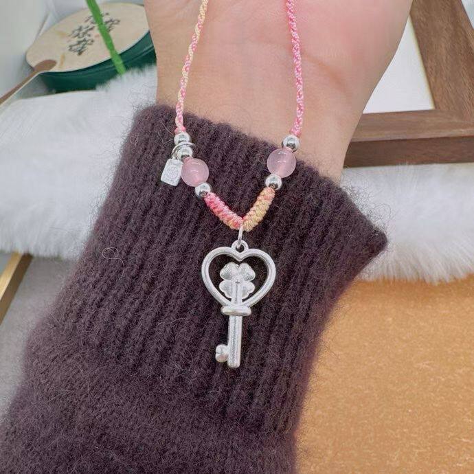 足银999幸运草魔法棒项链钥匙吊坠纯银链手工编织绳送女友礼物