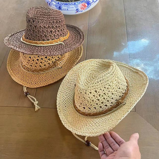 儿童帽子夏天西部牛仔大檐手工亲子草帽中童沙滩帽男女童遮阳帽潮