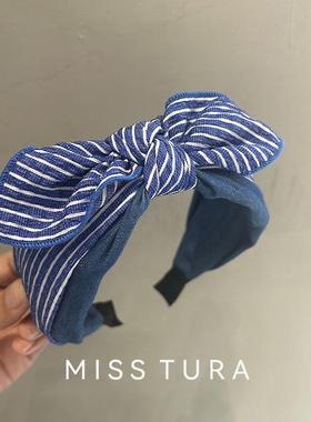 韩国cookie蓝色条纹蝴蝶结高颅顶宽发箍不勒头头箍发卡