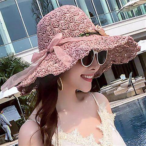 草帽女夏天沙滩帽子海边度假遮阳防晒帽休闲花朵大檐可折叠太阳帽