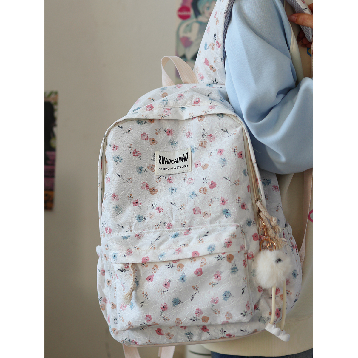 蕾丝布料书包女大学生日系ins高颜值小花初中生百搭少女双肩包潮