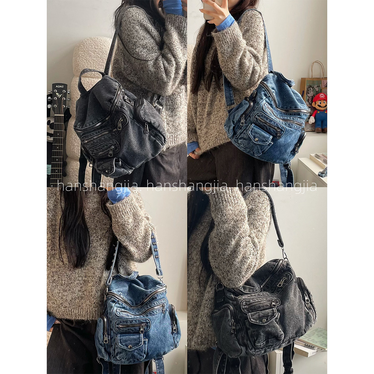 复古水洗牛仔布双肩包设计感铆钉单肩百搭大学生书包上课通勤背包,箱包皮具/热销女包/男包,双肩背包,淘宝优惠券,粉丝福利购,淘宝优惠卷