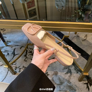 女通勤鞋 黛尔公主_方头扣包头真皮后空平底凉鞋