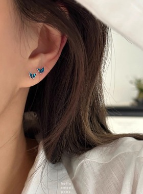 999足银蓝色滴釉蝴蝶螺丝耳钉女养耳洞睡觉不用摘防掉落不过敏