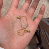 S925纯银金色抽拉软链条戒指女精致珍珠十字架食指戒均码 可调节