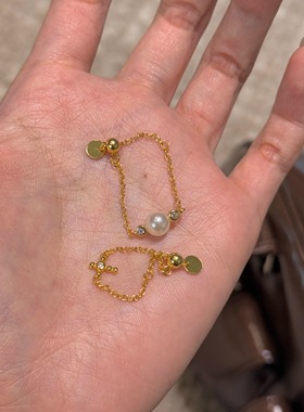 S925纯银金色抽拉软链条戒指女精致珍珠十字架食指戒均码可调节