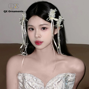 新款 婚纱敬酒礼服写真跟妆发饰发夹 新娘头饰珍珠流苏蝴蝶边夹套装